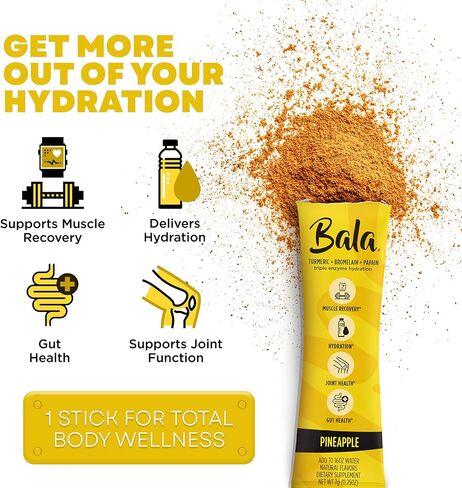 عبوة مزيج مشروب الكركم المرطب من BALA | مسحوق إلكتروليت خالي من السكر، تعافي العضلات، دعم المناعة، تخفيف المفاصل | إنزيمات نباتية، بروميلين - أناناس (30 عبوة) in Kuwait