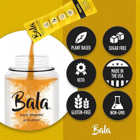 عبوة مزيج مشروب الكركم المرطب من BALA | مسحوق إلكتروليت خالي من السكر، تعافي العضلات، دعم المناعة، تخفيف المفاصل | إنزيمات نباتية، بروميلين - أناناس (30 عبوة) in Kuwait
