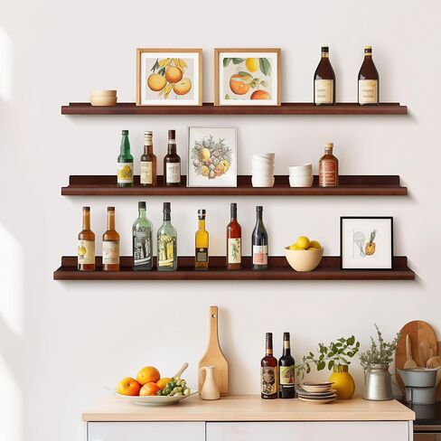 Annecy Floating Shelves Wall Mounted Set of 3, 47 Inch Black Rustic Wood Shelves for Wall, Wall Storage Shelves with Guardrail Design for Bedroom, Bathroom, Kitchen, Office, 3 Different Sizes in Kuwait