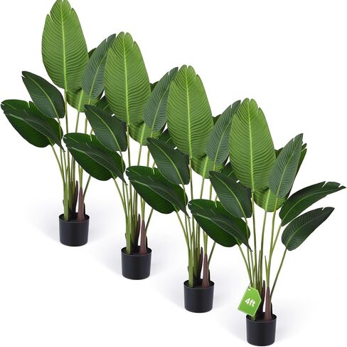 Crowye 4 Pack 4 FT Artificial Bird of Paradise Plant, Travelers Fake Palm Tree Banana Tree Artificial Plant with Flexible Trunks, Faux Banana Leaf Tree with Plastic Pot for Indoor Outdoor in Kuwait