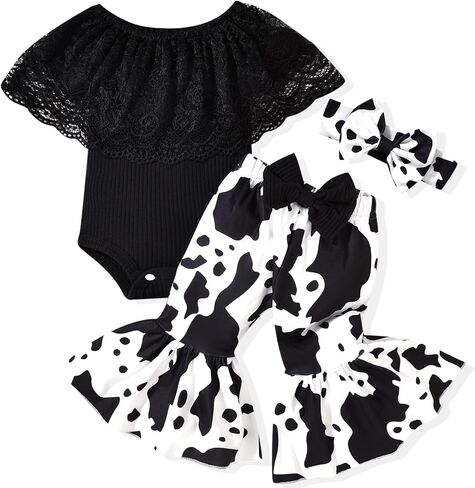 HINTINA Newborn Baby Girl Short Sleeve Bodysuit Flared Pants Ribbed Outfits in Kuwait