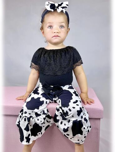 HINTINA Newborn Baby Girl Short Sleeve Bodysuit Flared Pants Ribbed Outfits in Kuwait