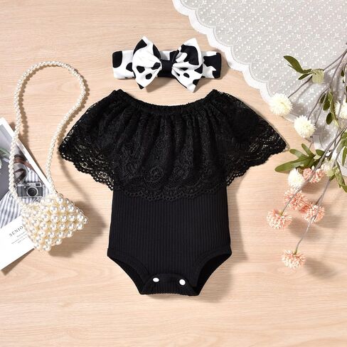 HINTINA Newborn Baby Girl Short Sleeve Bodysuit Flared Pants Ribbed Outfits in Kuwait