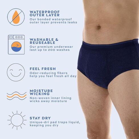 3-Pack Men's Super Absorbency Washable Reusable Bladder Control Briefs Grey Large (Waist 38-40) in Kuwait