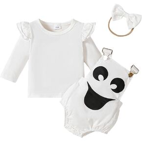 Newborn Girl Halloween Outfits Long Sleeve Solid Sweatshirt Tops Bib Overalls Ghost Jumpsuits Bow Headband Baby Fall Clothes