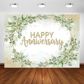 Avezano Happy Anniversary Backdrop Sage Green Leaves Happy Anniversary Banner Cheers to Marriage Wedding Anniversary Party Decorations Memorial Portrait Photo Booth Background (5x3ft)