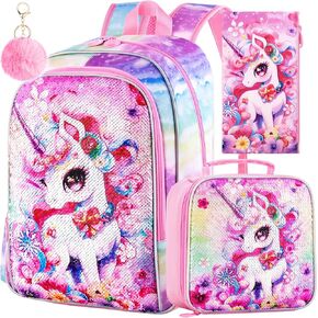 TXHVO 3PCS Backpack for Girls Boys, 16" School Bookbag with Lunch Box, Unicorn Dinosaur Backpacks for Elementary Preschool