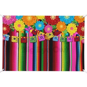 Mexican Fiesta Colorful Striped Backdrop Cinco De Mayo Theme Sarape Paper Flowers Background Party Decorations Cake Table Banner Photo Booth Wedding Kids Taco Birthday Party Decor 7 * 5ft