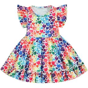 Canis Toddler Baby Little Girls Valentine 's Day Dress Short Balloon Sleeves Pink Hearts Twirly Ruffle Dress