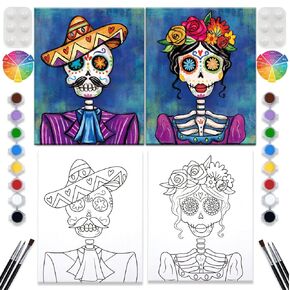 2 Pack Paint and Sip Canvas Painting Kit Pre Drawn Canvas for Painting for adults Stretched Canvas Couples Games Date Night Anniversary Gifts Paint Party Supplies Favor Day of the Dead 8x10