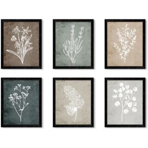 Vintage Framed Botanical Prints - Set of 6 Floral Wall Art for Farmhouse Decor - Wood Frames, Different Background Colors - Perfect for Bathroom or Living Room,boho wall art 9.9x11.8in (Black 6PCS)