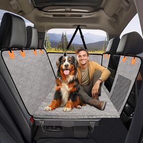 Back Seat Extender for Dogs, Dog Car Seat Cover Hard Bottom, Pet Seat Cover with Mesh Window, Dog Seat Covers for Car Travel Camping, Dog Hammock for Car, Truck, Dog Trunk Cover for SUV Grey