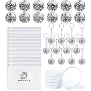 48 Pcs Disco Party Favors, Party Supplies with Disco Ball Keychain Compact Mirror EVA Gift Bag Disco Ball Sticker for 70S 80S 90S Theme Party