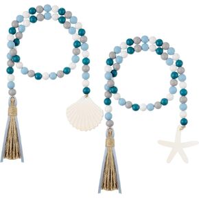 Seashell Wood Bead Garland 2 Pieces Farmhouse Beads Garland with Tassels Decorative Beads Home Decor Nautical Farmhouse Tiered Tray Decorations Set Coastal Garland for Home Kitchen Decor