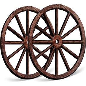 OYEFLY 2 Pcs Wagon Wheel Decor,Decorative Vintage Wood Garden Wagon Wheel,Vintage Rustic Wagon Wheel (Brown, 12 Inch)