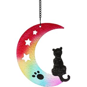 Stained Glass Window Hanging, Cat Suncatcher Hanging Decor, Black Cat sit On Rainbow Moon Halloween Decorations, Indoor Window Sun Catcher Panels for Cat Lovers Memorial Gift