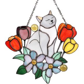 Cat Suncatchers Decor, Cat Suncatchers Decor for Cat Lovers, Handcrafted Stained Window Hangings for Cat On Flowers Decoration Cat Ornament for Patio,Living Room,Office