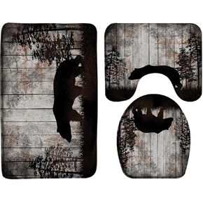 Rustic Bear 3 Piece Bathroom Rug Sets,Wildlife Bear Deer Pine Tree Forest Cabin Camping Vintage Wooden Board Retro Country Blue Black 16"x24"Bath Mat,Toilet Seat Cover, U-Shaped Toilet