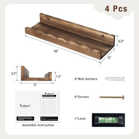 رف رف للصور من Fun Memories للجدار، مجموعة أرفف كتب الحضانة من خشب الصنوبر مقاس 24 بوصة مكونة من 2 - أرفف كتب جدارية لغرفة الأطفال، ديكور المنزل - توابل المطبخ - طبيعية in Kuwait