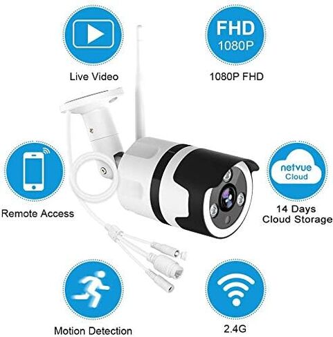 كاميرا أمان خارجية NETVUE - مقاومة للماء IP66، كاميرات مراقبة 1080 بكسل، كاميرا WiFi صوت ثنائي الاتجاه، رؤية ليلية، كشف الحركة، تخزين سحابي 24 ثانية، مشبك ذكي، دعم بطاقة SD Alexa in Kuwait