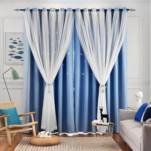 Loyala Star Curtains Double Layer Curtains Blackout Curtains for Bedroom Kids Curtains Cute Curtains, Curtains 63 Inches Long 2 Panels Set, Green Curtains, 42 X 63 Inches in Kuwait