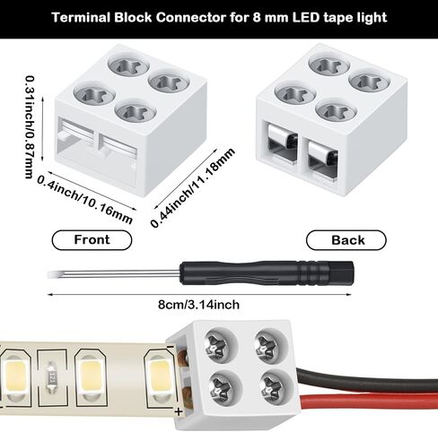 25 حزمة موصل ضوء شريط LED بدون لحام 2 دبوس موصل كتلة طرفية برغي أسفل شريط موصل شريط LED إلى سلك لمصابيح شريط LED ملونة واحدة 5 فولت 12 فولت 24 فولت (أبيض، 8 مم) in Kuwait