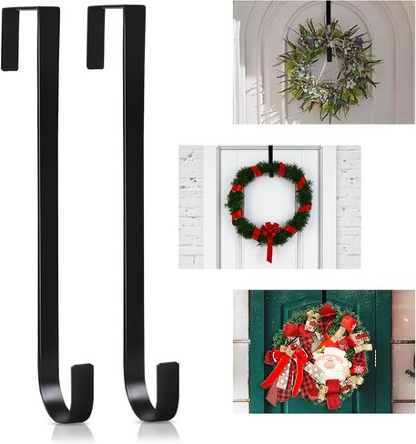 PECULA 2 Pack 14" Wreath Hangers for Front Door, Wreath Door Hanger 40lb Load-bearing, Metal Wreath Hanger for Welcome Sign, Door Wreath Hanger for Christmas Halloween Easter Decoration (Black) in Kuwait