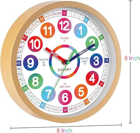Learning Clock for Kids Telling Time Easily Teaching Clock Silent Non Ticking Battery Operated Colorful Teaching Time Clock Decorative for Kids Room Classroom School Playroom (8 Inch) in Saudi Arabia