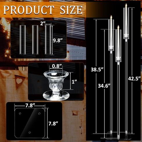 Tessco 6 Set Acrylic Candelabra Centerpieces 42.5'' Tall Acrylic Candle Holder for Table 3 Arm Floor Candle Holder with Acrylic Shade Square Base Fit 0.8" LED Candle for Wedding Party Table Decoration in Saudi Arabia