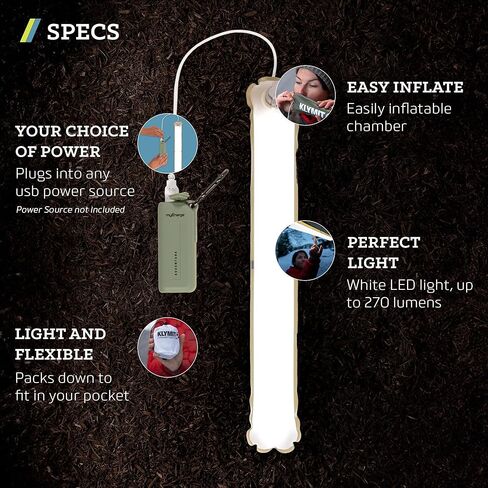 أنبوب إضاءة LED من Klymit Everglow، فانوس تخييم قابل للنفخ مع ضوء USB فائق السطوع وقابل للتعتيم مع حلقة تسلق ومرفق مغناطيسي in Kuwait