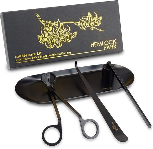 هيملوك بارك 4 في 1 مجموعة العناية بالشموع | قطاعة تشذيب فتيل الشموع، طفاية إطفاء الشموع، غطاس الفتيل، صينية معدنية في صندوق هدايا (أسود) in Kuwait