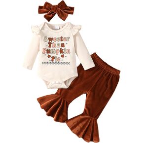 Baby Girl Thanksgiving Outfit Pumpkin Pie Romper+Flare Pants Newborn Girl Turkey Day Clothes 0-18 Months