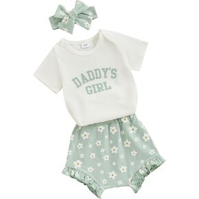 VISGOGO Baby Girl Clothes Daddy Saying Letter Print Knit Rib Sleeveless Romper Floral Print Shorts Headband 3Pcs Set in Kuwait