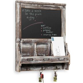 MyGift Wall Mounted Entryway Mail Holder and Key Organizer Rack in Rustic Torched Wood Finish with Decorative Chalkboard