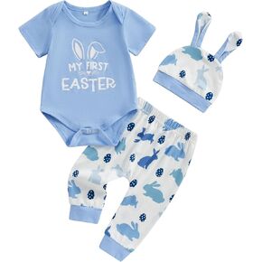 Muasaaluxi Newborn Baby Boy Easter Outfit Cutest Little Bunny Romper Onesie Long Pants with Pompom Bunny Hat Set 0-12M