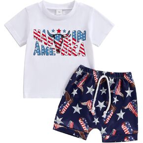Muasaaluxi 4th of July Baby Boy Outfit Short Sleeve American Cowboy T-shirt Tops Jogger Shorts Western Summer Clothes