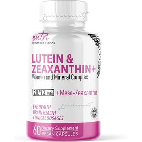 Nutri Lutein 20mg Eye Vitamins Complex - Triple Carotenoid Formula - Lutein and Zeaxanthin Supplements - Contains Zinc, Vitamins A,C,D3,E, Folate - 60 Capsules - Eye Health Supplements