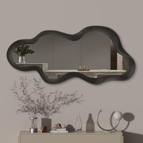 43"x 28" Irregular Wall Mirror, Black Wood Framed Wall Mirror, Asymmetrical Wall Wavy Mirror for Living Room Bedroom Entryway Bathroom Modern Decorative Mirror with Hanging Hooks in Kuwait