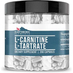 Earthborn Elements L-Carnitine Tartrate, 200 Capsules, No Magnesium or Rice Fillers, No Additives, Gluten-Free, Undiluted