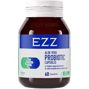 EZZ Aloe Vera Probiotic | Contains Australian aloe vera, cassia and digestive enzymes, add four probiotics. | Improves gut health and digestion, no more constipation | 60 Capsules