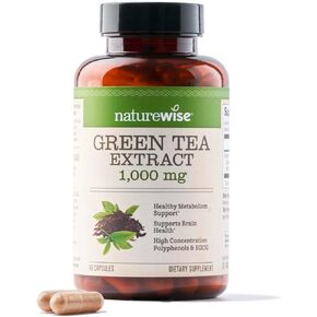 NatureWise Green Tea Extract Capsules 1000 mg - 50% EGCG & 98% Polyphenols - Extra Strength Antioxidants for Heart Health and Energy - Vegan, Gluten Free, Non-GMO - 60 Capsules[1-Month Supply]