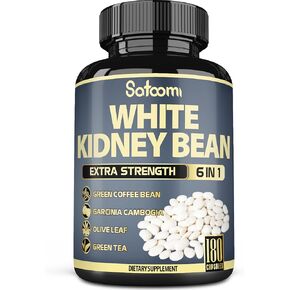 Satoomi 6in1 White Kidney Bean Extract Capsules - 6 Month Supply - Extra Blend with Olive Leaf, Green Coffee Bean & Green Tea - 180 Counts