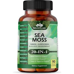 Sea Moss 6000mg - Black Seed Oil 2500mg - Bladderwrack 2000mg - Turmeric 1500mg Ashwagandha 1000mg - Burdock 1000mg - Muira Puama, Vitamin C, D3, Yellow Dock root, Manuka, Dandelion - 90 veggie caps