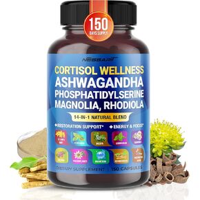 CORTISOL Wellness Ashwagandha 6,000mg 14-in-1 Natural Blend with Phosphatidylserine Magnolia Rhodiola St. John's Wort Peppermint Bacopa - 150 Count - Made & Tested in The USA