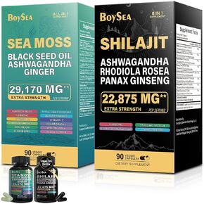Boysea.Sea Moss and shilajit Bundle - 90 Count - Sea Moss 7000mg, Black Seed Oil 4000mg, Ashwagandha 2000mg, Ginger & Shilajit 9000mg, Rhodiola Rosea 1000mg, All in 1 Supplements (1 Pack)
