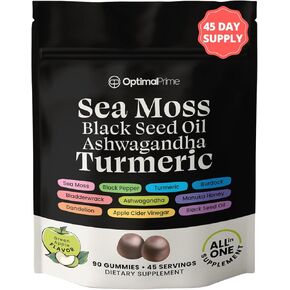 Sea Moss Gummies, Sea Moss 3000mg, Black Seed 2000mg, Ashwagandha 1000mg, Turmeric, Manuka Honey, ACV, Dandelion, Black Pepper, Burdock, Bladderwrack, Vegan, 90 gummies