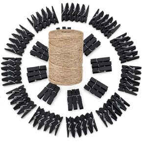 Small Black Clothes Pins for Photos,100PCS Mini Wooden Black Clothespins with 328 Feet Jute Twine,1.4 inch Black Small Clothespins for Hanging Photos,Crafts,Baby Shower,Graduation,Halloween