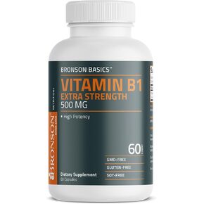 Bronson Vitamin B1 Extra Strength 500 MG High Potency Non-GMO, 60 Capsules