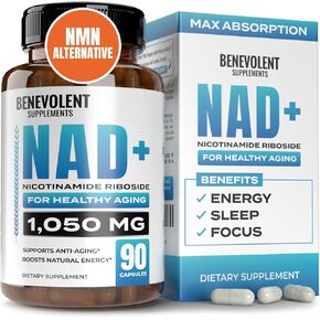 Benevolent NAD+ Supplement 1050mg, High Absorption NAD Supplement Cell Regenerator Nicotinamide Riboside with Trans-Resveratrol & TMG, Support Cellular Health, Energy & Healthy Aging, 90 Capsules