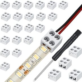 25 Pack Solderless LED Tape Light Connector 2 Pin Terminal Block Connector Screw Down LED Strip Connector Tape to Wire for 5V 12V 24V Single Color LED Strip Lights (White,8mm)